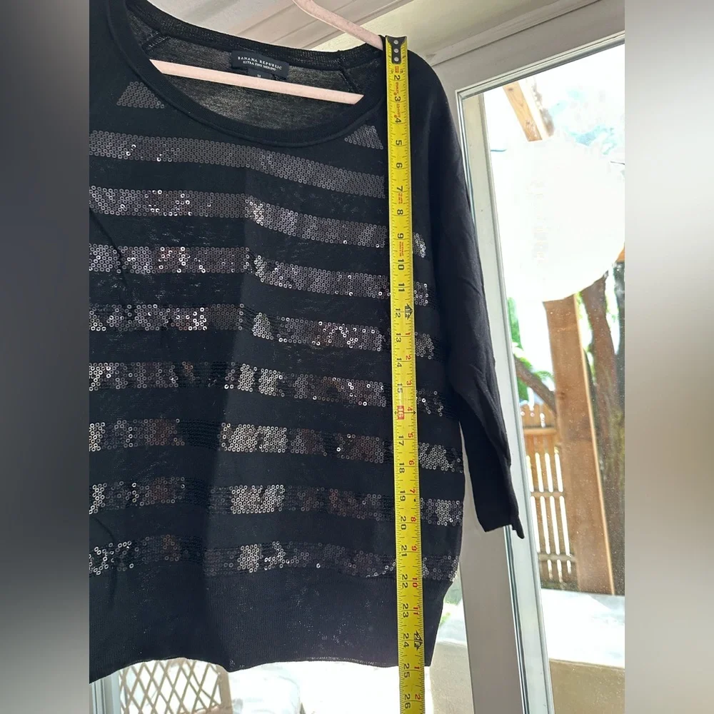 Banana Republic Sequined Striped Merino Wool 3/4 Sleeve Black Sweater Medium - Picture 12 of 16